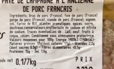 Pate de campagne a l’ancienne de porc français - Nutrition facts - fr