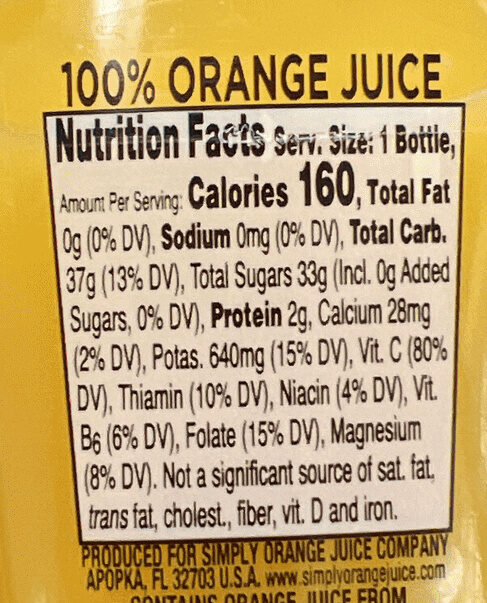 Pulp Free Orange Juice - Nutrition facts