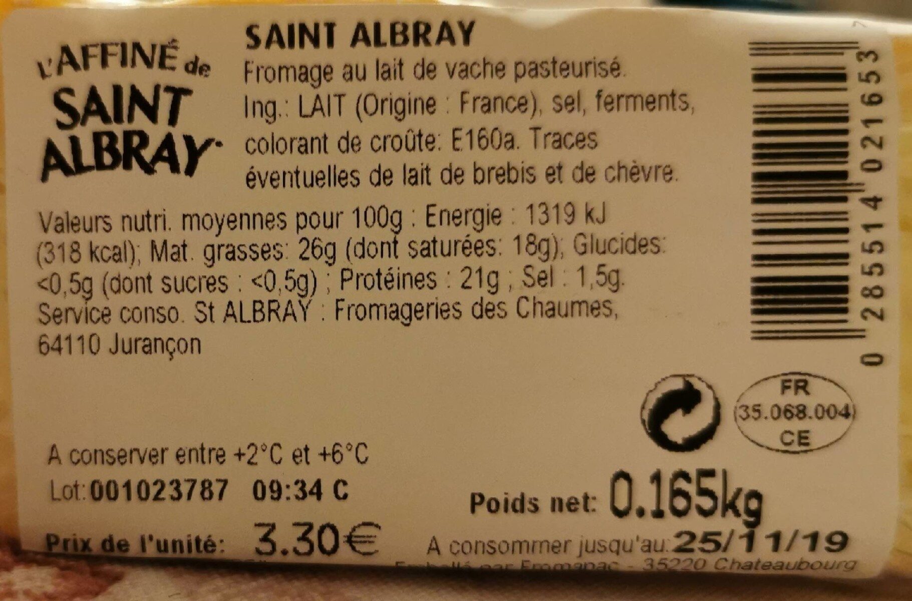 L'Affiné de Saint Albray - Tableau nutritionnel