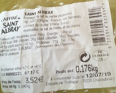 L'affiné de Saint Albray - Tableau nutritionnel