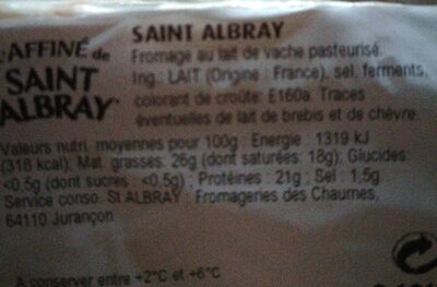 L'affinité de saint albray - Tableau nutritionnel