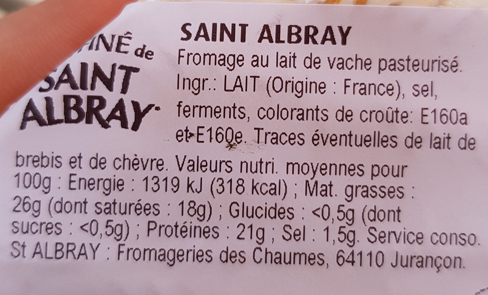 L' affiné de Saint Albray - Ingrédients