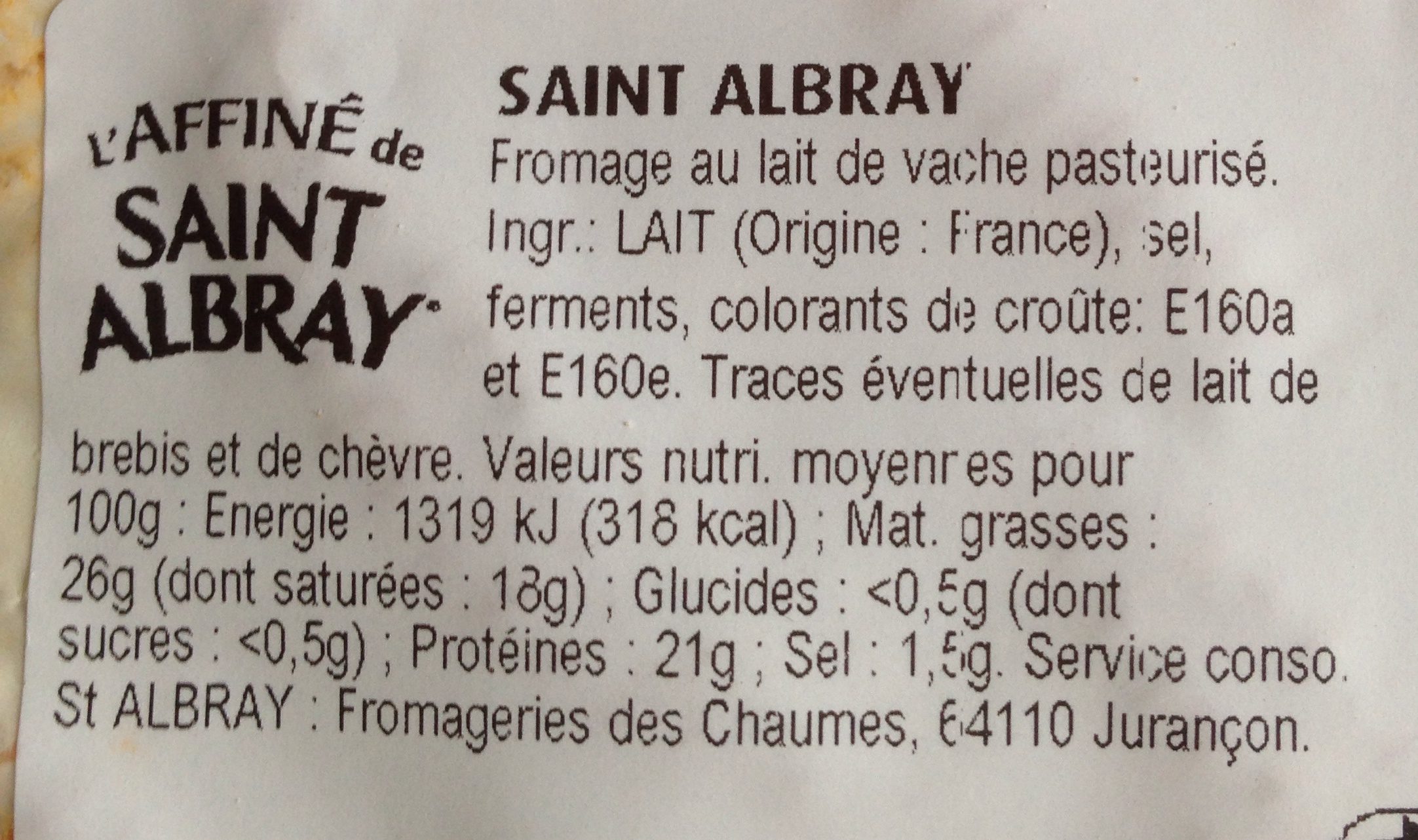 L'Affiné de Saint Albray - Ingrédients