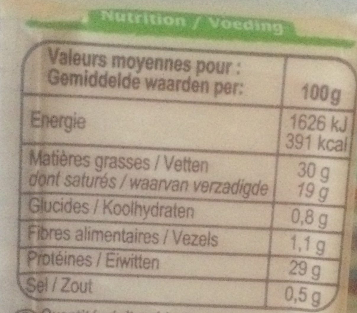 Emmental Français - Tableau nutritionnel