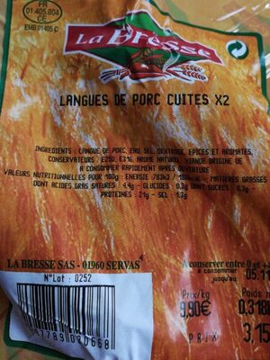 Langues de porc cuites - Tableau nutritionnel