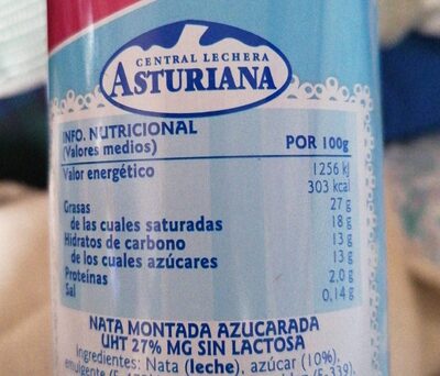 Nata Montada azucarada sin lactosa - Informació nutricional - es