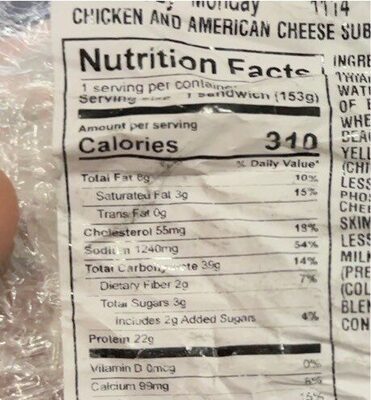 Chicken And American Cheese Sub - Nutrition facts