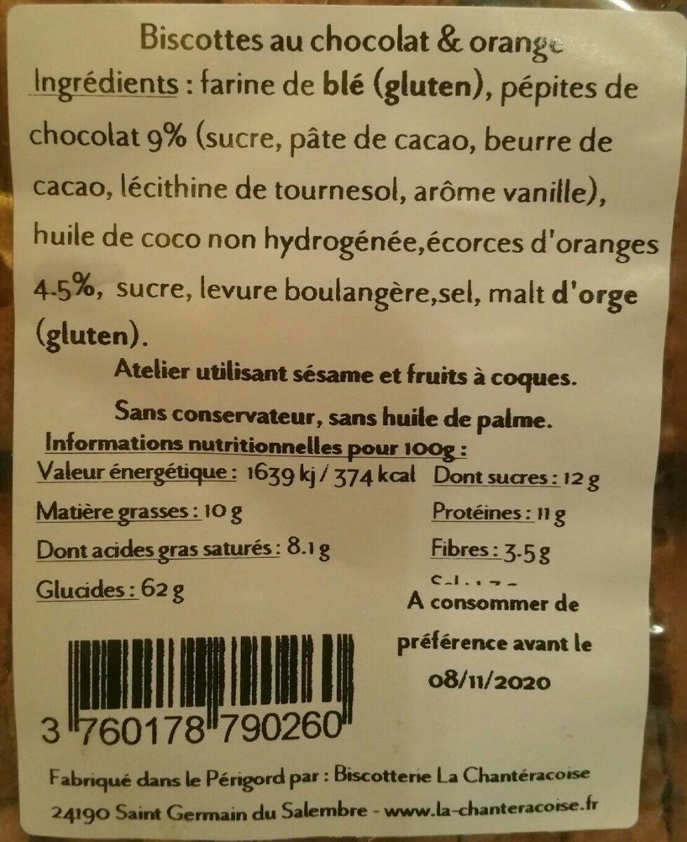 Biscottes chocolat orange - Tableau nutritionnel