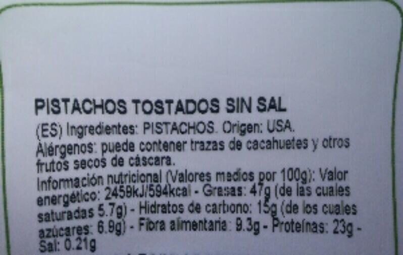 Pistachos sin sal - Informació nutricional - es