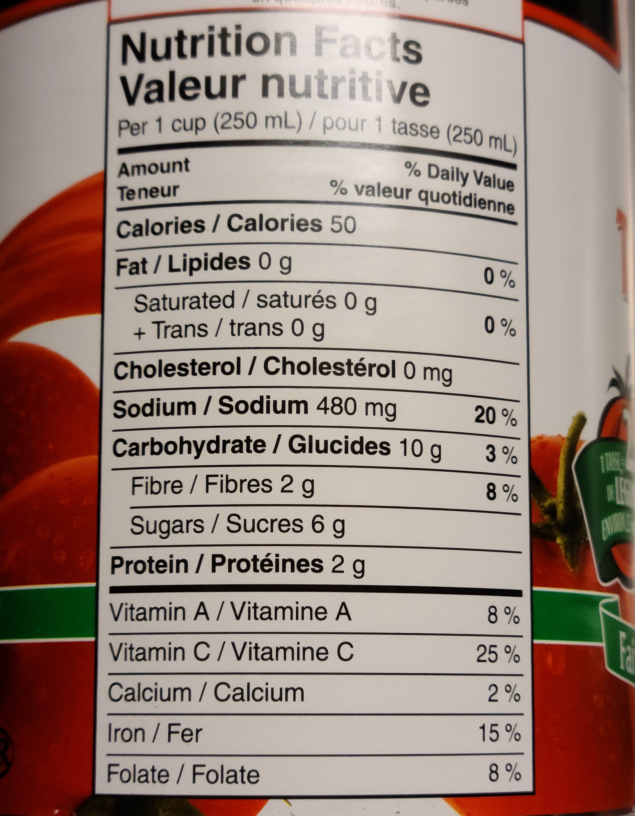 Jus De Tomate - Nutrition facts - fr
