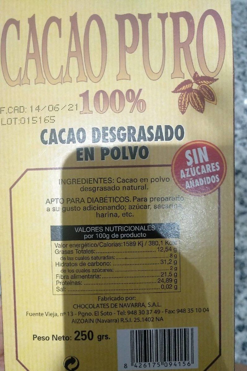 Cacao puro - Informació nutricional - es