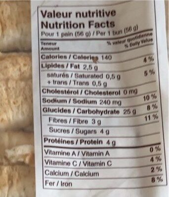 Pains hot dog - Nutrition facts - fr