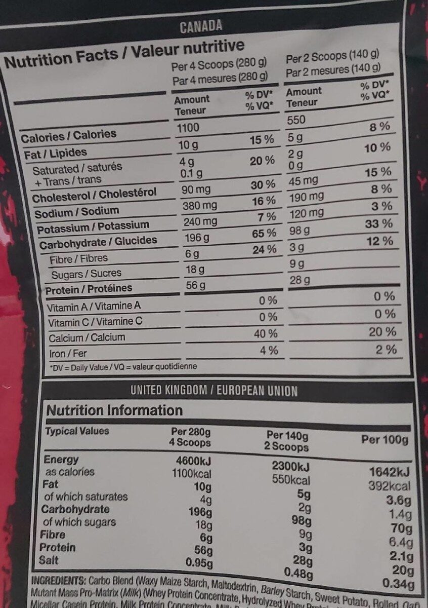 Mutant Mass 2,270 KG PVL Mutant (fraise Banane - 2.27 KG) - Nutrition facts - fr