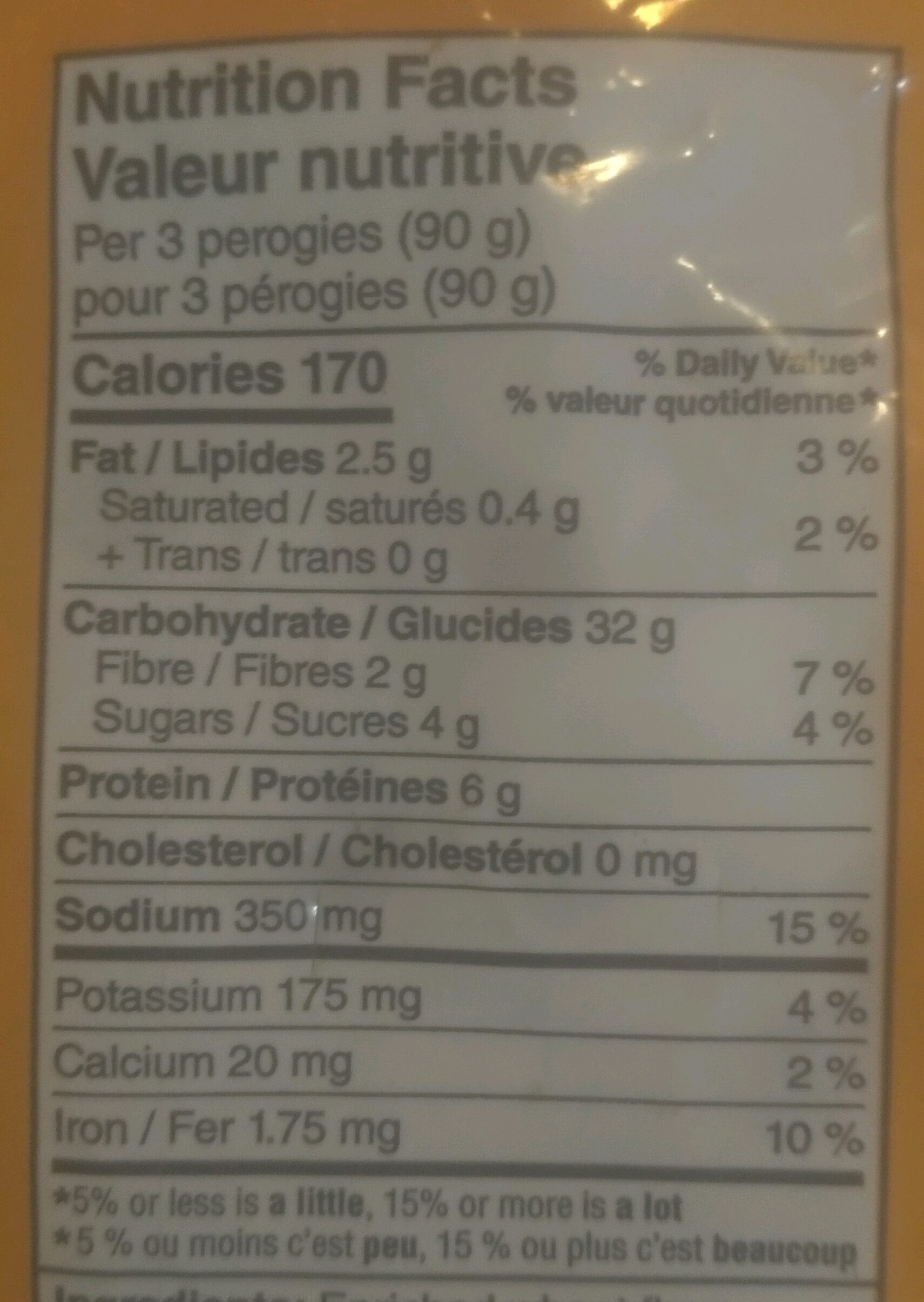 Potato & Cheddar Flavoured Perogies - Nutrition facts