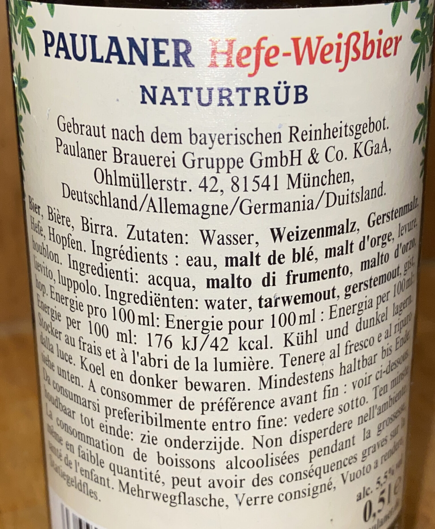 Paulaner Hefe-Weißbier Naturtrüb - Ingredients - de