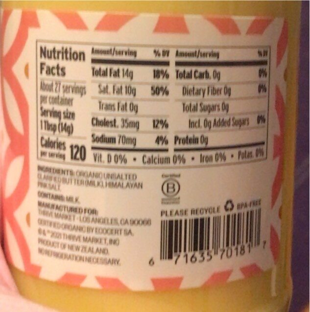 Organic ghee clarified butter - Nutrition facts