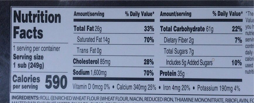White meat chicken bacon ranch sub - Nutrition facts