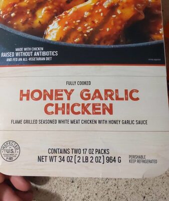 Honey garlic chicken, barcode: 0717139972008, has 0 potentially harmful, 2 questionable, and
    3 added sugar ingredients.