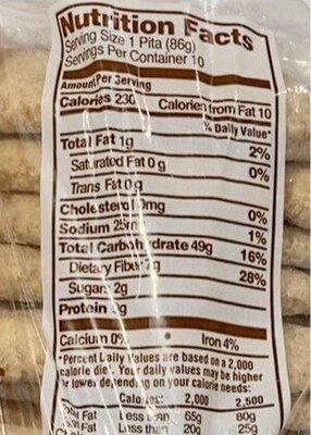 Whole wheat pocket pita - Nutrition facts