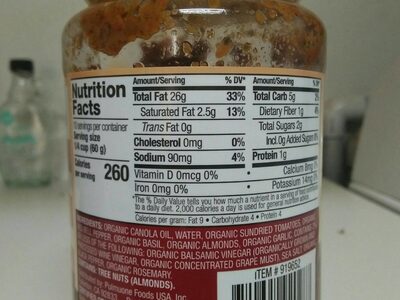 Sundried tomato pesto with basil - Nutrition facts
