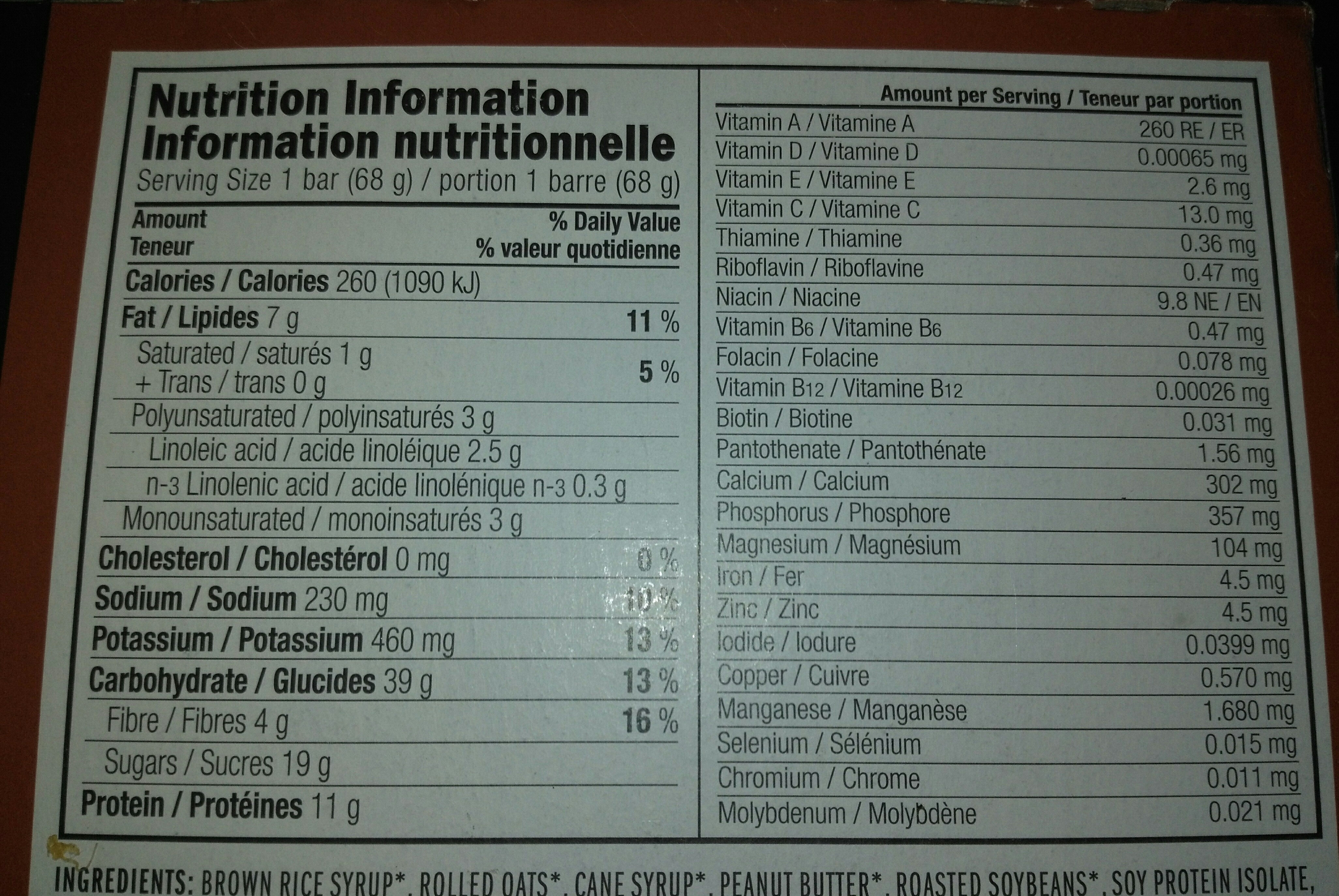 Bar clif crunchy peanut butter - Nutrition facts