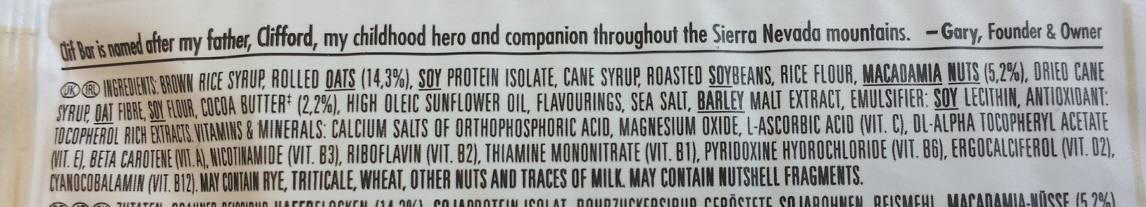 White Chocolate Macadamia Nut Flavour Energy Bar - Ingredients