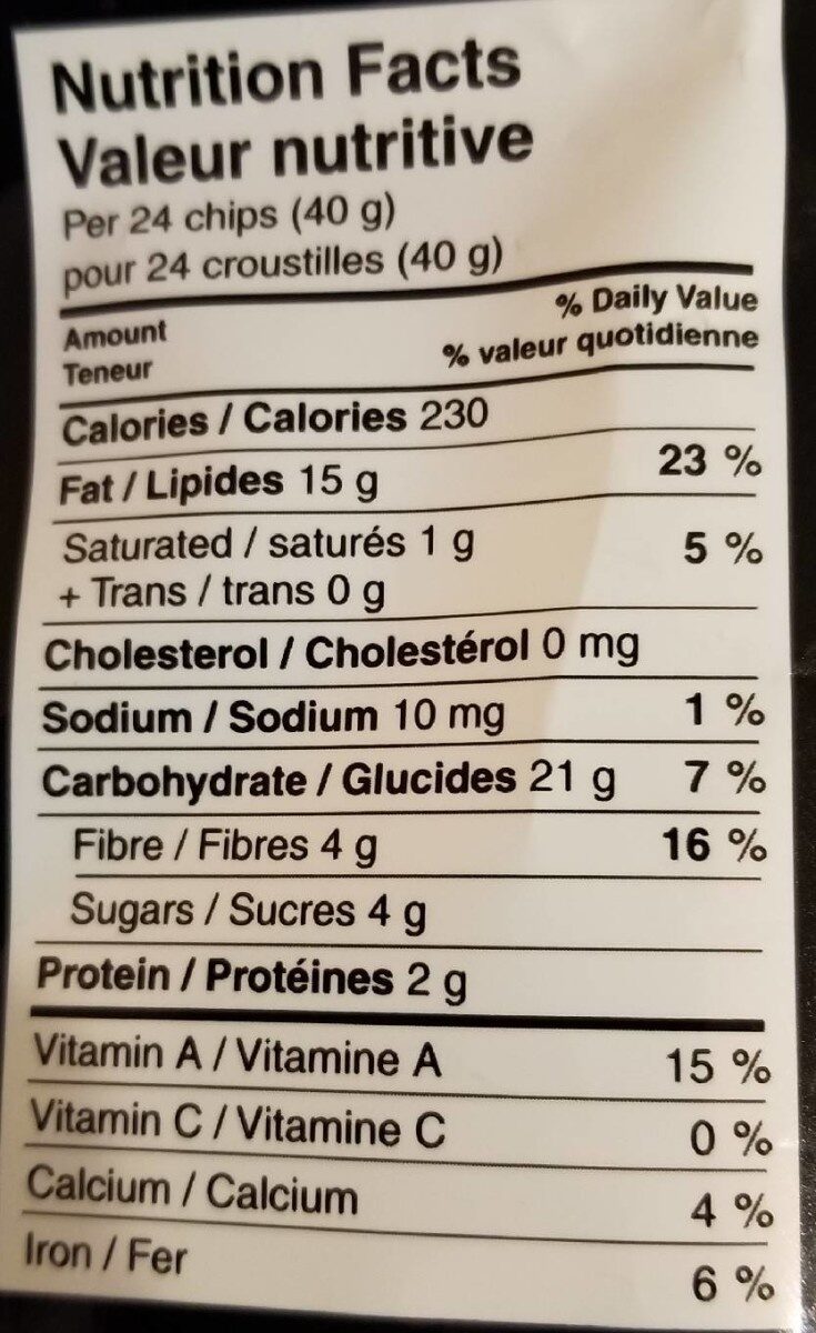 Croustilles Patates Douces - Tableau nutritionnel