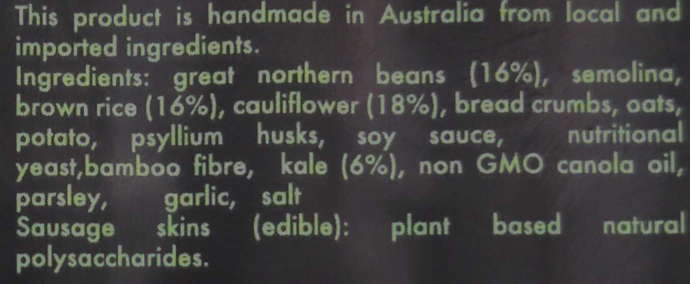 Kale and Cauliflower Sausage - Ingredienser - en