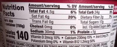 Dairy-free coconutmilk raspberry yogurt alternative - Nutrition facts