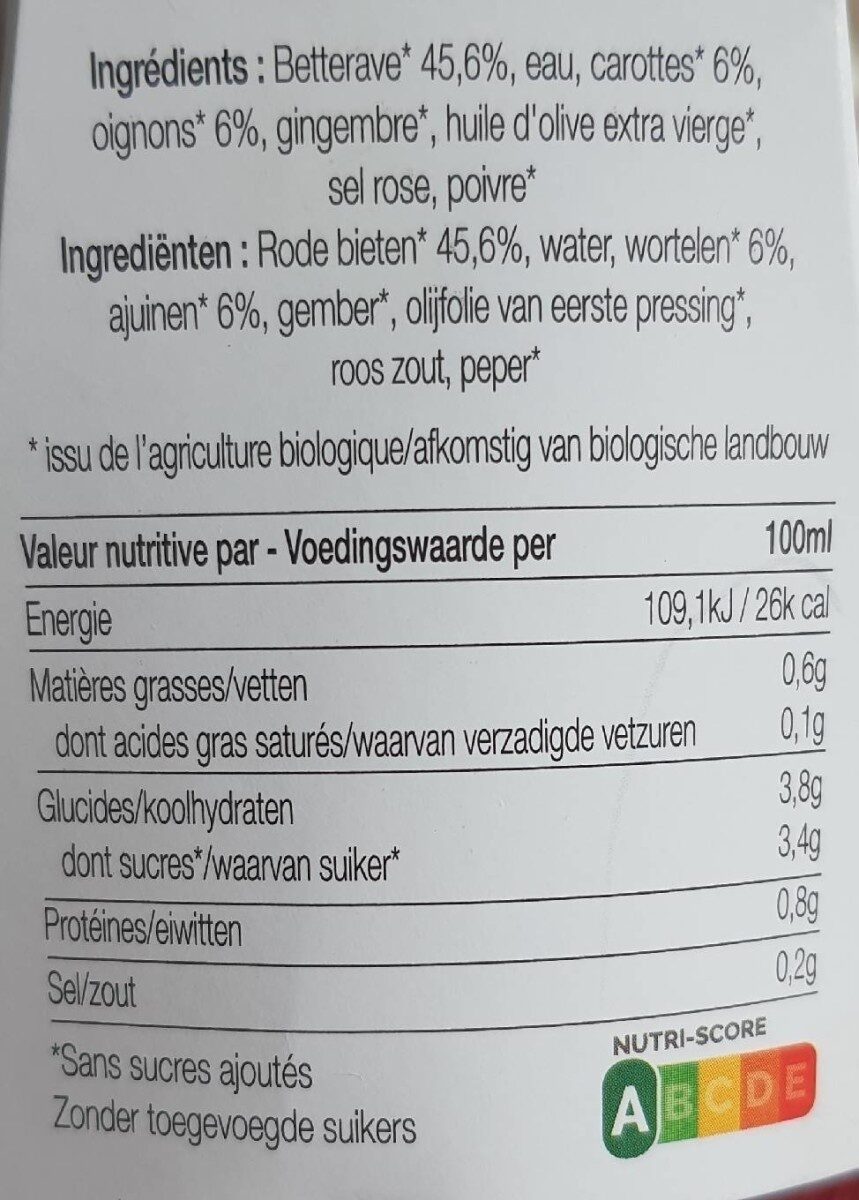 Soupe betterave gim - Tableau nutritionnel