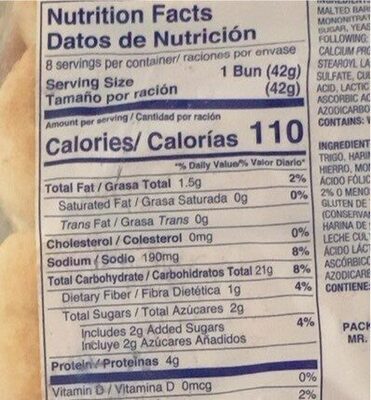 Fiche nutrition Pan de hot dogs  12 oz