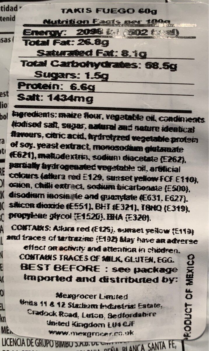 Takis fuego - Nutrition facts