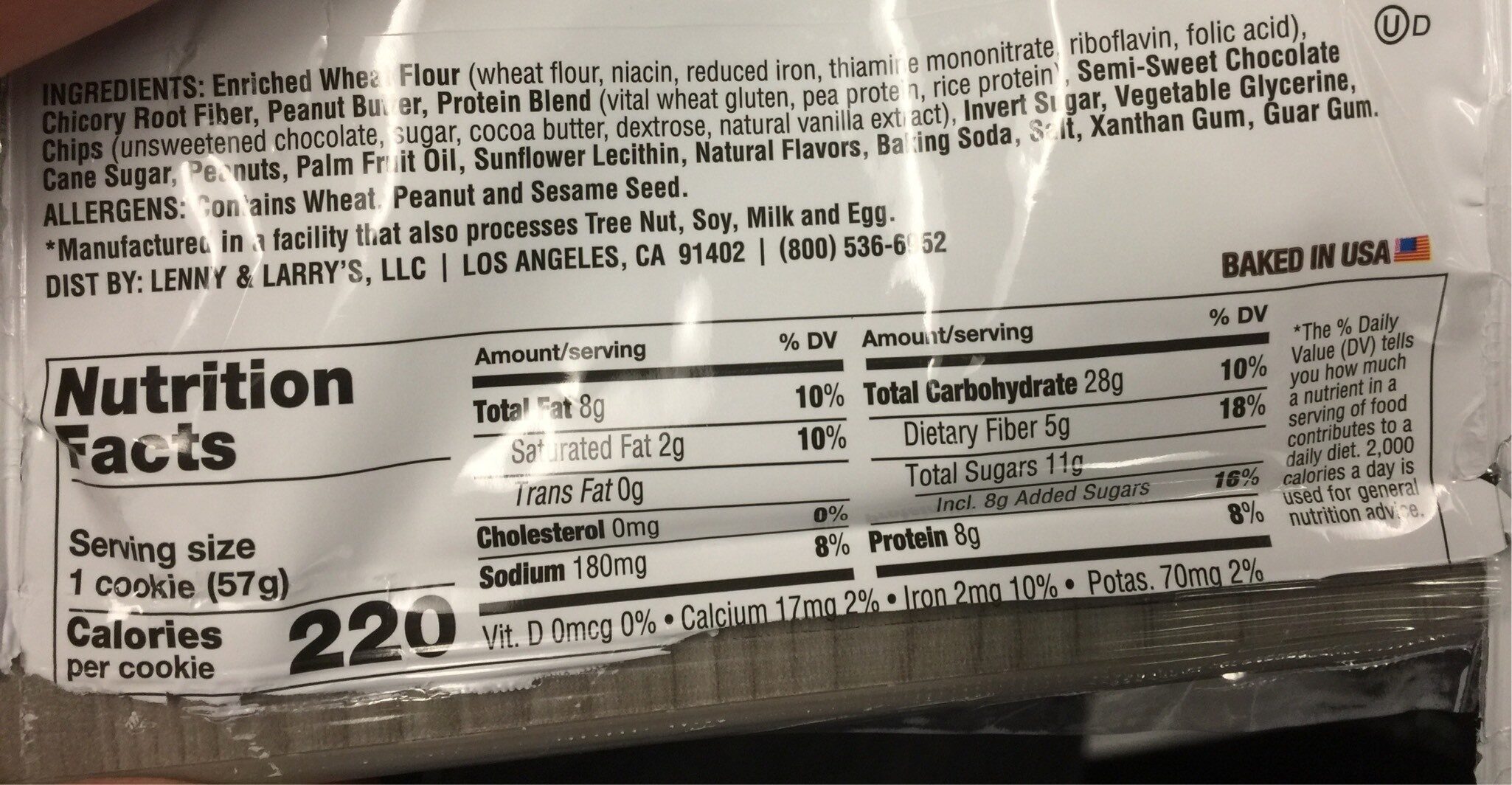 Lenny & larry's the complete cookie peanut butter - Nutrition facts
