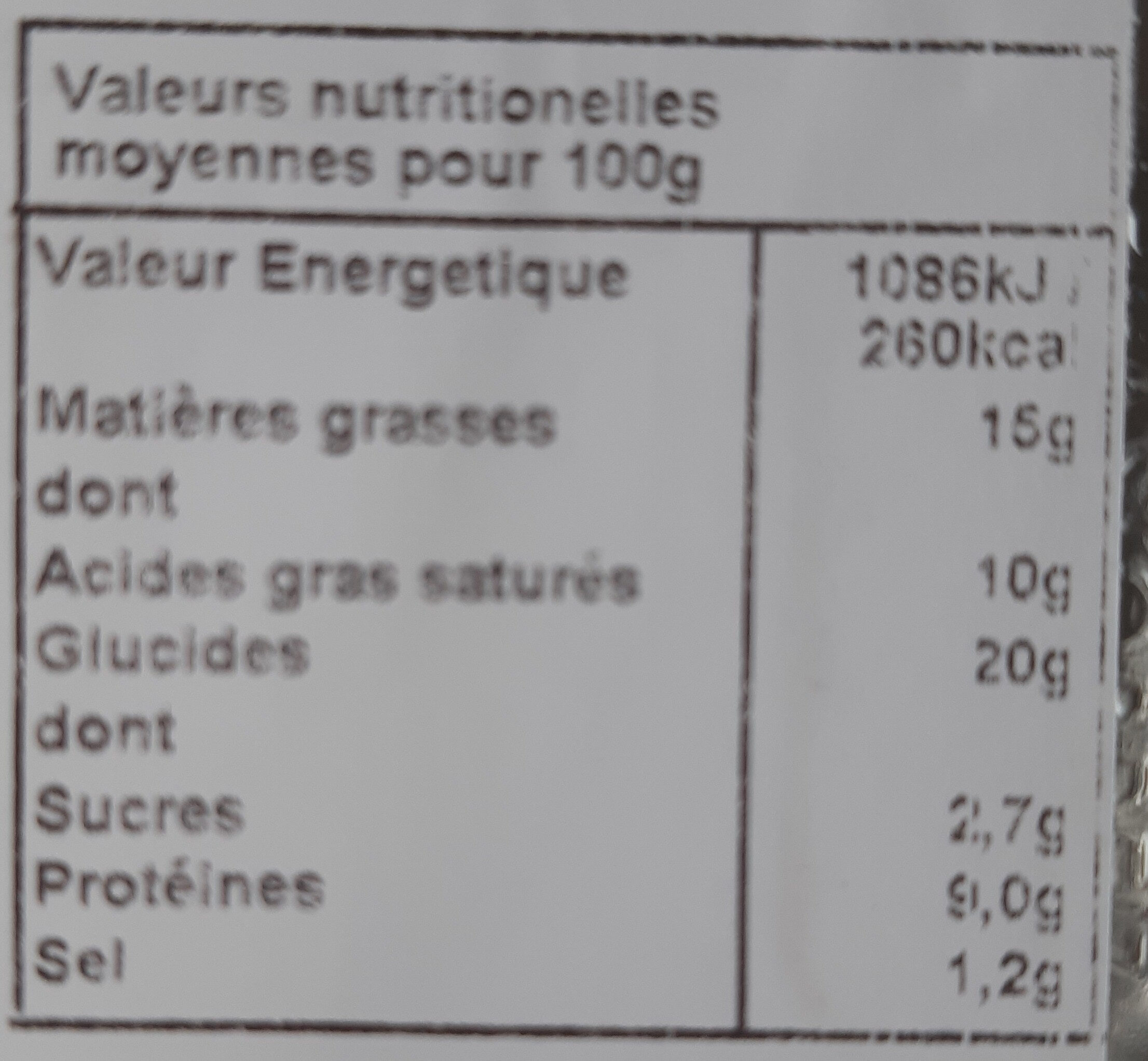 tartes - Tableau nutritionnel
