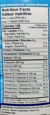 2% M.F. Ultrafiltered Partly Skimmed Lactose Free Milk - Tableau nutritionnel