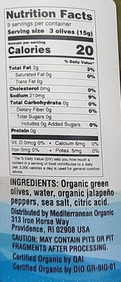 Stuffed green jalapeno olives - Nutrition facts