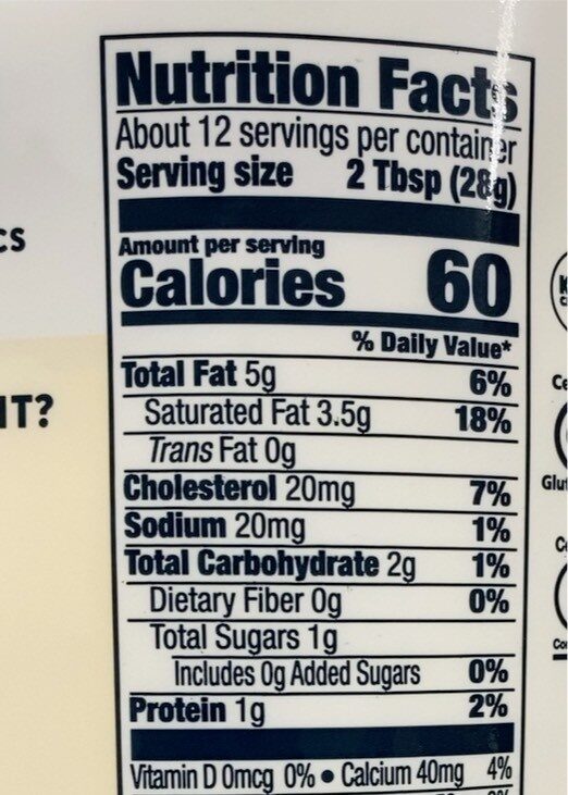 Lactose free sour cream - Nutrition facts