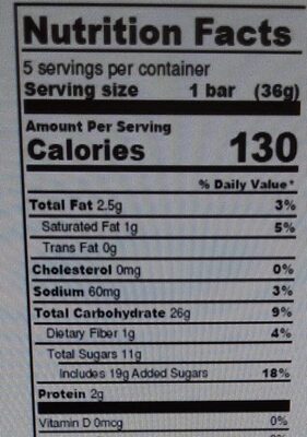 Chewy white chocolate chip granola bar - Nutrition facts