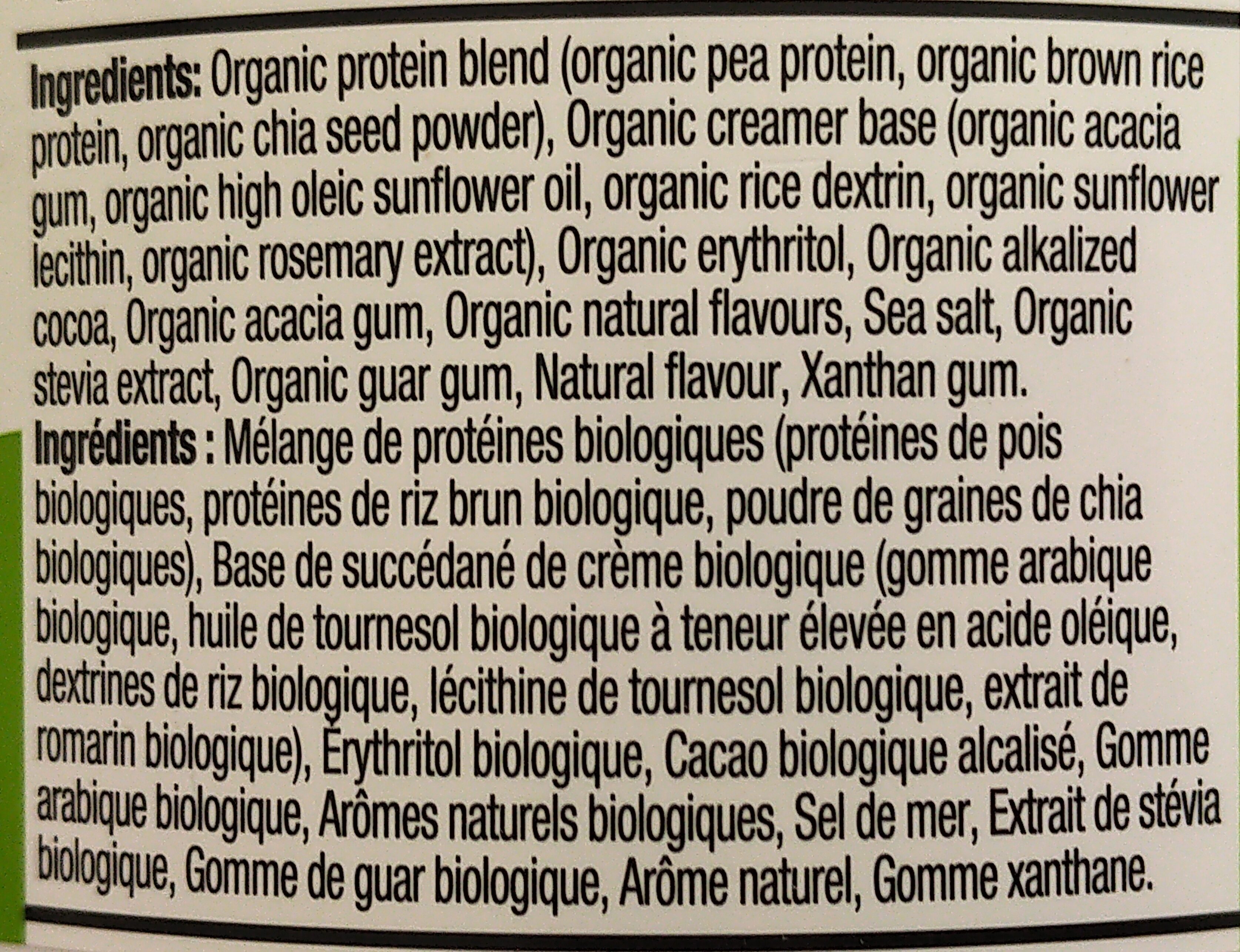 Organic Protein Plant-Based Protein Drink Mix Creamy Chocolate Fudge Flavour - Ingrédients