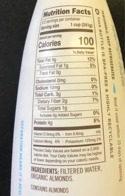 Organic original unsweetened almondmilk, original - Nutrition facts