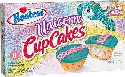 Hostess Brands, Llc, FROSTED YELLOW UNICORN CUPCAKES WITH CREAMY FILLING, FROSTED, barcode: 0888109114039, has 15 potentially harmful, 10 questionable, and
    4 added sugar ingredients.