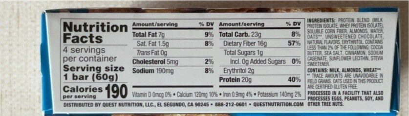 Protein Bar, Oatmeal Chocolate Chip - Nutrition facts