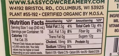 Sassy cow creamery 1% low-fat milk - Nutrition facts