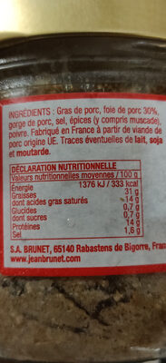 TERRINE DE CAMPAGNE jean brunet 320g - Nutrition facts - fr