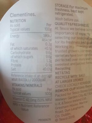 Tesco Clementine Or Sweet Easy Peeler Pack 600G - Nutrition facts