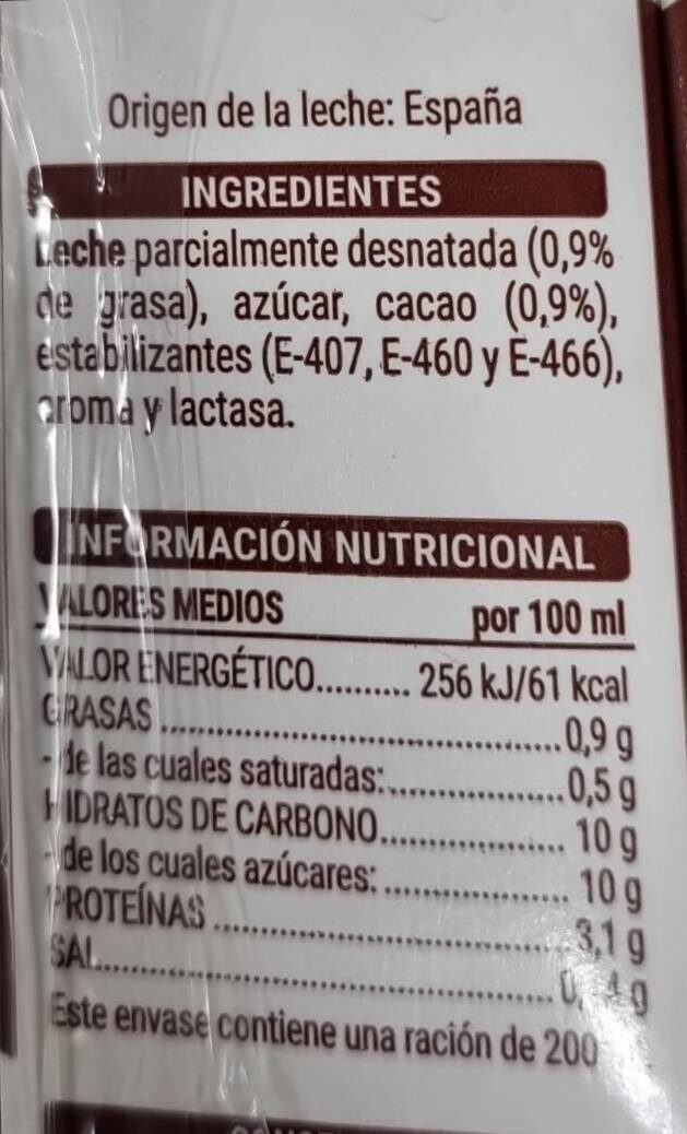 Batido sabor chocolate  hacendado - Nutrition facts