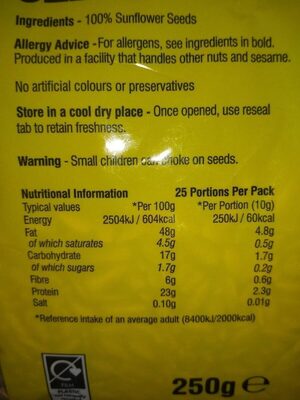 Sunflower Seeds - Nutrition facts