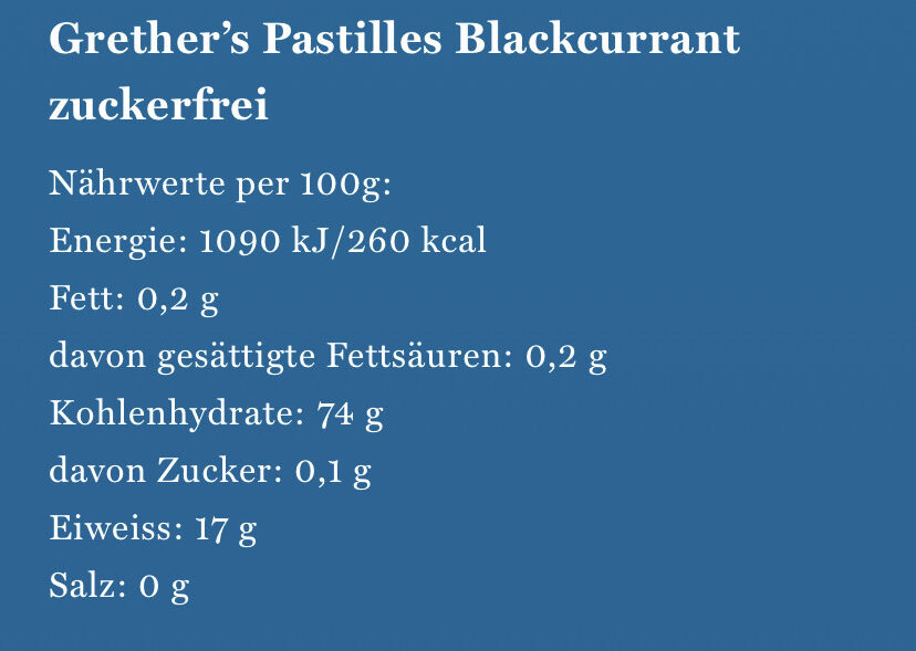 Grether's Pastilles Blackcurrant Sugarfree - Tableau nutritionnel - de