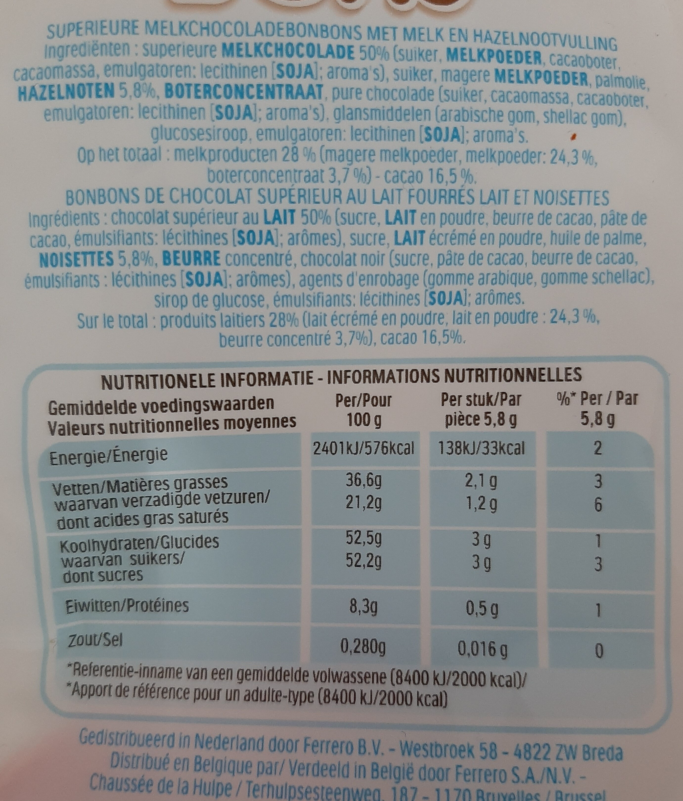 Kinder Schoko-Bons - Tableau nutritionnel