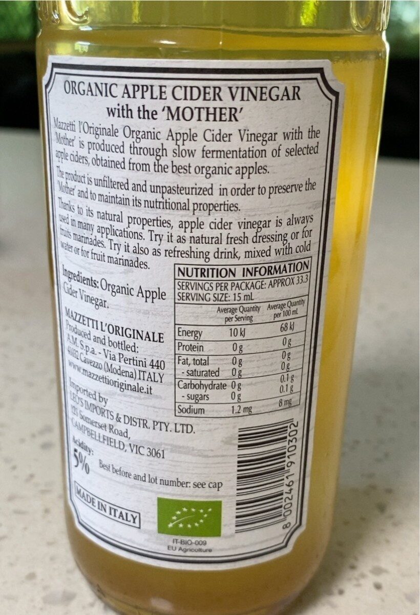 Organic apples cider vinegar - Tableau nutritionnel - en